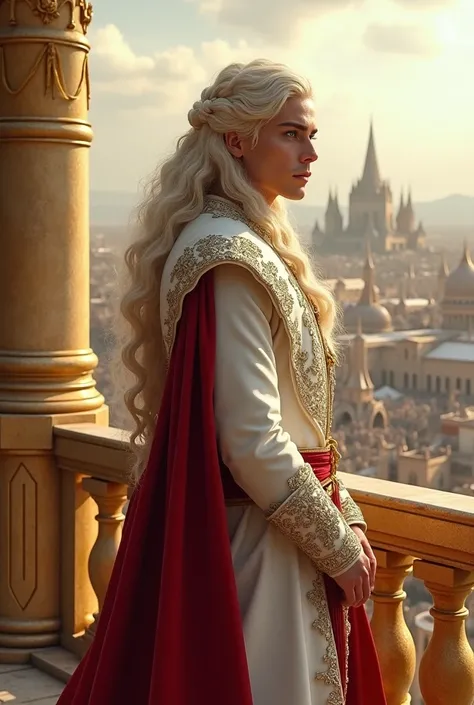 A Handsome Aesthetic Fit 30 years old Targaryen Prince with long curly braided platinum blonde hair, pale purple eyes,hes wearing a royal White Valyrian Costume with red details,He is standing on a royal golden large tower balcony,a large Old valyrian gold...