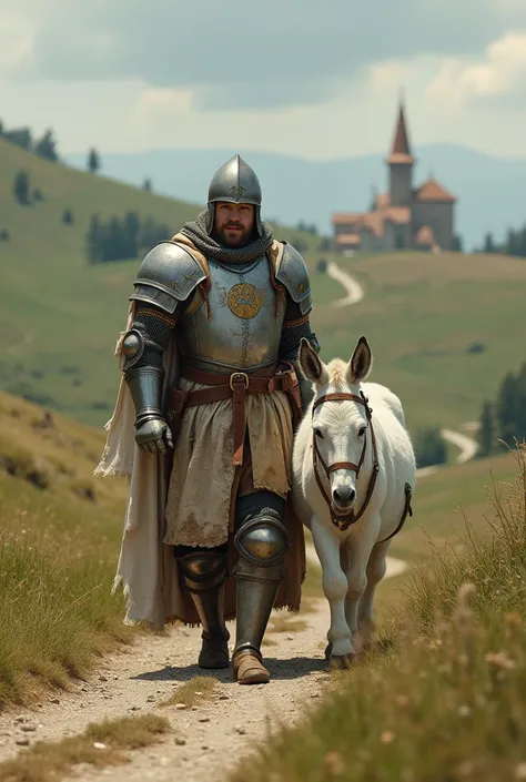 A knight in fake cloth armor, fearfully, Find a nobleman to turn him into a true knight, with his white donkey Rocinante 