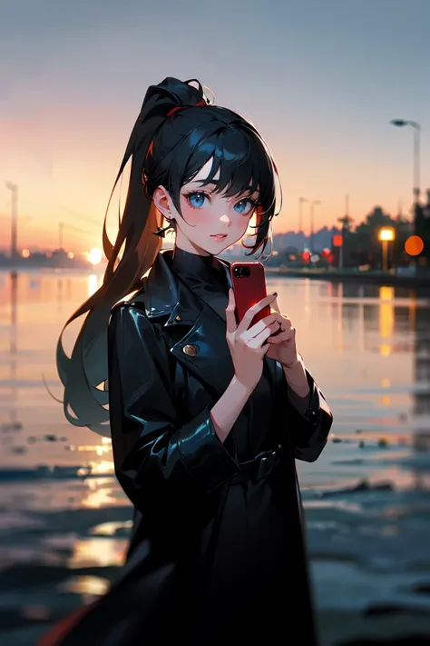 (masterpiece, best quality:1.3), highly detailed, (atmospheric perspective), 1girl, black hair, high ponytail, long hair, (bangs), (deep ocean eyes), (smiley), red lipsticks, (holding smartphone:1.1), looking at the phone, black leather long coat, late nig...