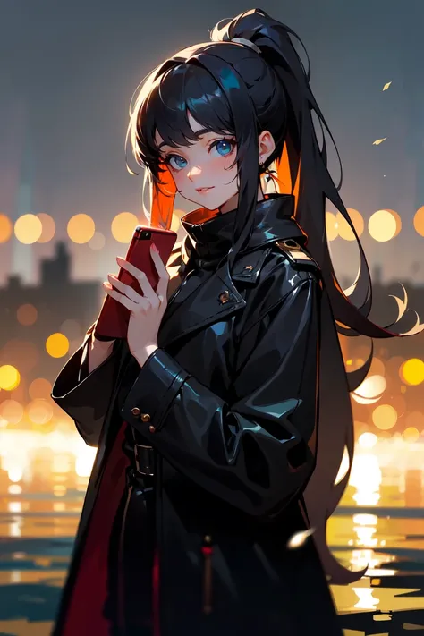 (masterpiece, best quality:1.3), highly detailed, (atmospheric perspective), 1girl, black hair, high ponytail, long hair, (bangs), (deep ocean eyes), (smiley), red lipsticks, (holding smartphone:1.1), looking at the phone, black leather long coat, late nig...