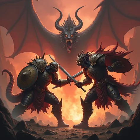 Two warriors and a dragon in the background in hell
