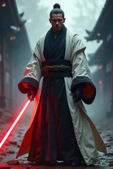 The country japan as a Sith Lord from Star Wars, on Person but a monk or Samurai, colors white, black, red, blue, red lightsaber, scary, frightening, ultra-realistic