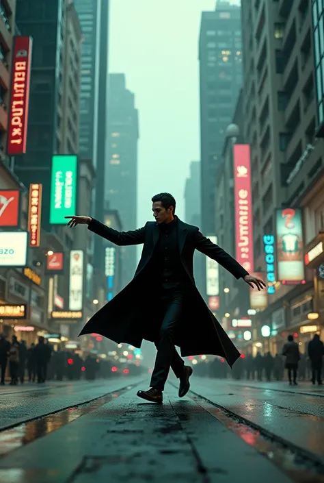 NEO DO MATRIX ON A BUSY STREET LIKE AVENIDA PAULISTA IN SÃO PAULO