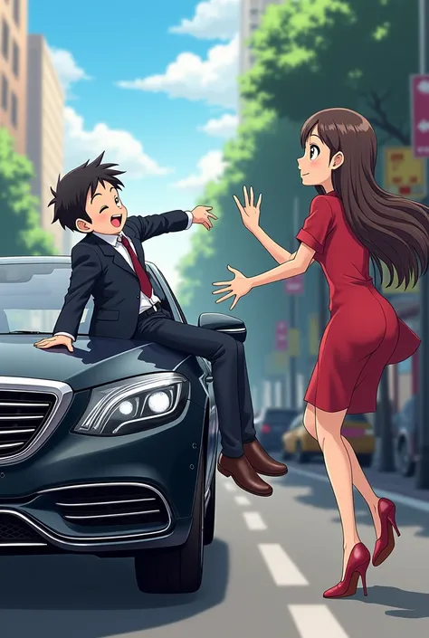 One anime boy laughing at rich guy because of he fall from car and one cute, hot lady came and help him. 
