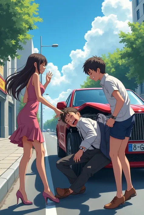 One anime boy laughing at rich guy because of he fall from car and one cute, hot, sady
lady came and help him. 
