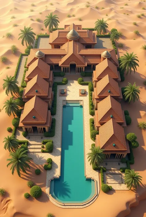 So big desert traditional resort with so many villas and room in it also two big halls in the center of the resort their is no need of water word in side area.want a swimming pool out side the resort 