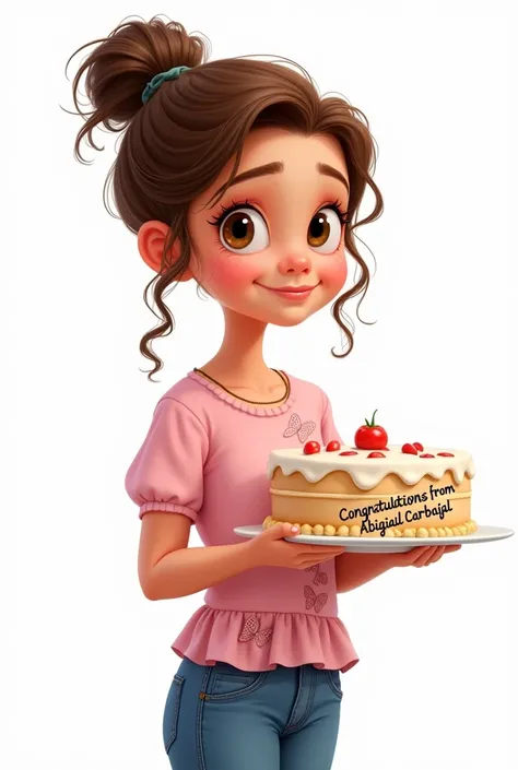 Disney-like image of a girl with big brown eyes, curly hair tied in a braid, holding a cake. She wears jeans and a pink blouse with a butterfly print.. There is a sign that says congratulations from Abigail Carbajal. The background of the image is white