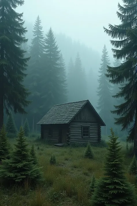 A weathered, isolated cabin surrounded by dense forest with a hint of fog rolling in 