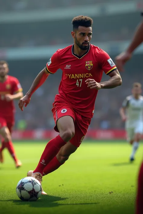 A man is playing soccer on the field, wearing a red jersey with the name Yannick and the number 47.