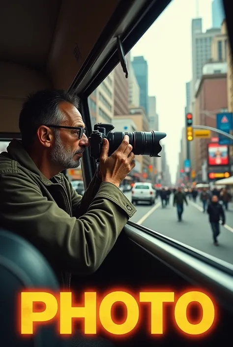 Create a picture of a man, who takes photos with a SLR camera from the window of a van. 

Under the picture, PHOTO should be written in bright letters. 