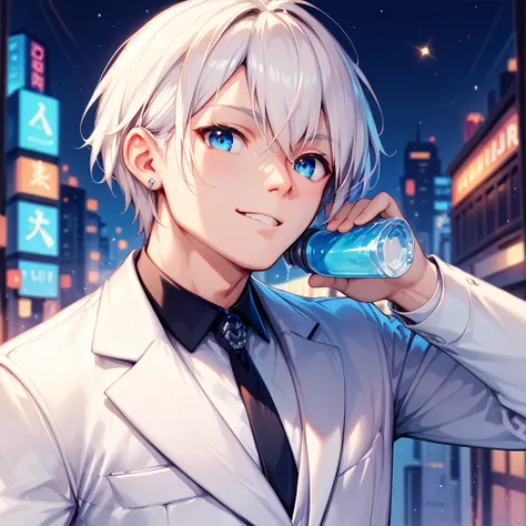 a white-haired, blue-eyed man wearing a white suit has a girl on his shoulder and his back is turned in the middle of the city a...