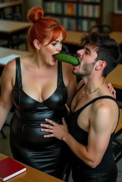 NSFW, XXX image, exposed huge boobs, hyper realistic photo with a mistress and her man student, 1woman, 65yo sexy plumper aged woman, wrinkled, double chin, she firmly pushes with hands palm a big cucumber deep into mans wide open mouth, standing in a feti...