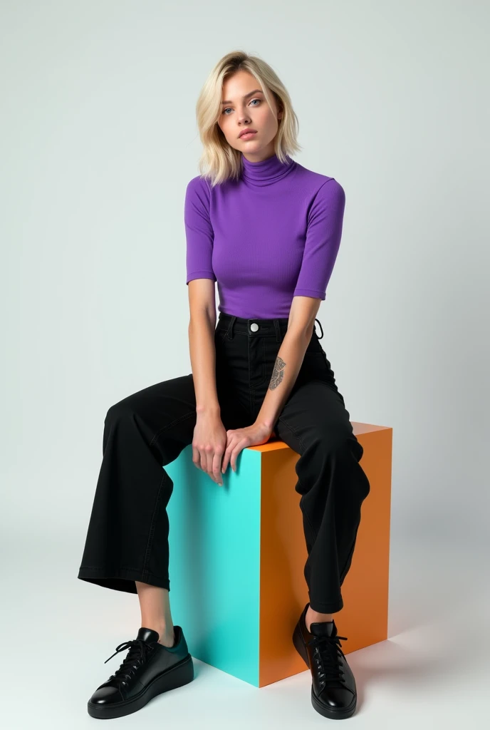 best qualityer:1.4), (ultra high resolution:1.2), (photorrealistic:1.4), (8k, CRU photo:1.2), 1 28 year old woman with white skin. Short blonde hair down to the neck . blue color eyes . He&#39;s wearing a purple turtleneck shirt. Black wide leg jeans. blac...