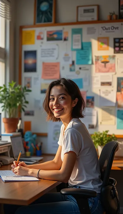 A person working diligently at a desk with a vision board above them, filled with images of their dreams and goals, and a confident smile on their face.