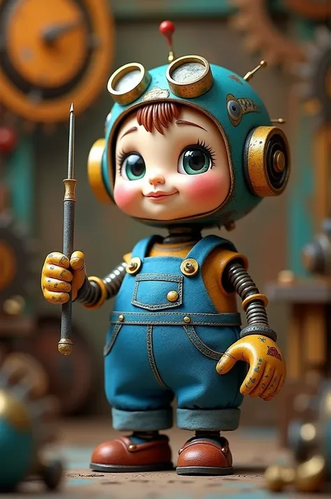 Make a Disney style doll, mechanic in blue overalls with a screwdriver in his hand 