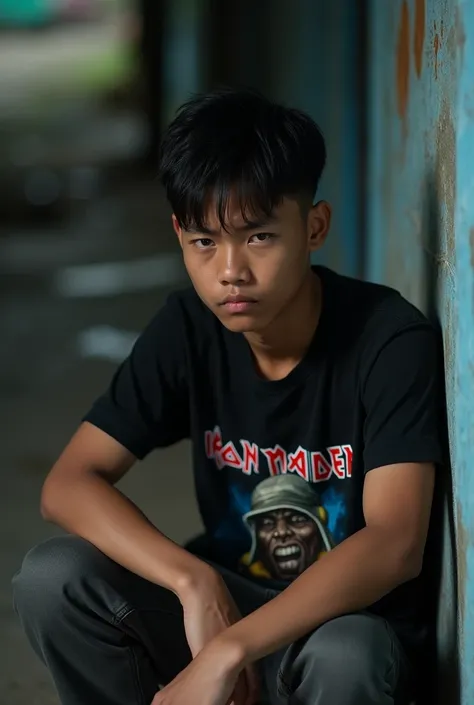 Original photo. An Indonesian young man wearing a black Iron Maiden t-shirt with a crying expression sitting in the corner of a narrow alley. Ultra-realistic 8K photo, taken with Leica Q2, strong color contrast and sharp clarity --ar 9:16 --quality 2 --