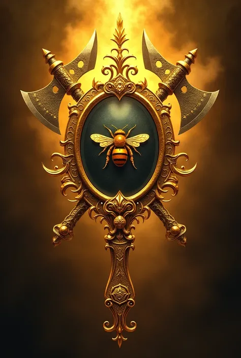 A logo, with a golden and ornate hand mirror, in the center a bee and behind two golden Viking axes. Below the image the writing "Mother Luana of Oxum"