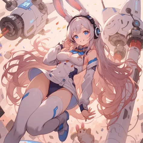 score_9_up, score_9, score_8_up, score_7_up, source_anime,masterpiece, best quality, high resolution, extremely detailed CG, absurdres, highres, 1girl solo, a mecha bunny girl jump on top of a futuristic circular device in universe, long hair, thighhighs, ...