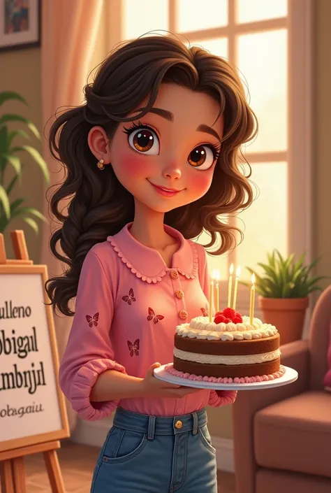 Disney-like image of a girl with big brown eyes, curly hair tied in a braid, holding a cake. She wears jeans and a pink blouse with a butterfly print.. There is a sign on one side that says congratulations from Abigail Carbajal.