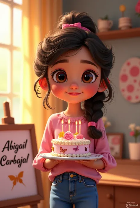 Disney-like image of a girl with big brown eyes, curly hair tied in a braid, holding a cake. She wears jeans and a pink blouse with a butterfly print.. There is a sign on one side that says congratulations from Abigail Carbajal.