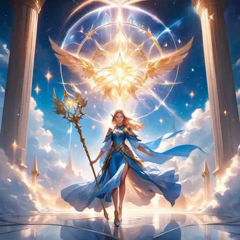 Masterpiece, Extremely detailed, best quality, photorealistic, magnificent, celestial, ethereal, epic, majestic, magical, fantasy art, cover art, dreamy, full body shot, BREAK, ethereal fantasy concept art of a brave elf dnd wizardess., staff in right hand...