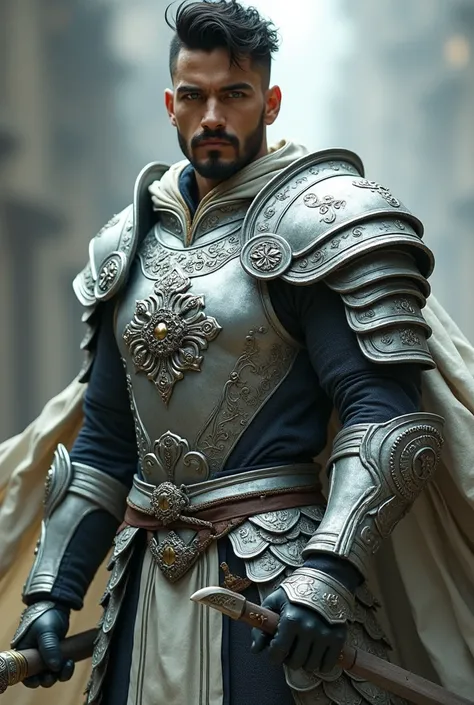 Paladin in silver Asian armor, man 1.78 meters high, brown skin, green eyes, wavy black hair, shaved and short mustache and beard. Use a halberd