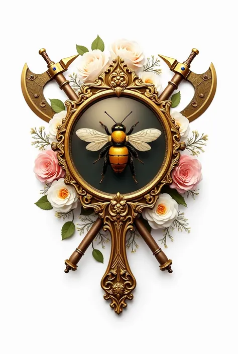 A logo, with a golden and ornate hand mirror, in the center a bee and behind two golden Viking axes. and flowers. white background