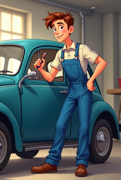 Draw a full-length young man behind a car in a Disney-style drawing of a mechanic in blue overalls and holding a screwdriver 