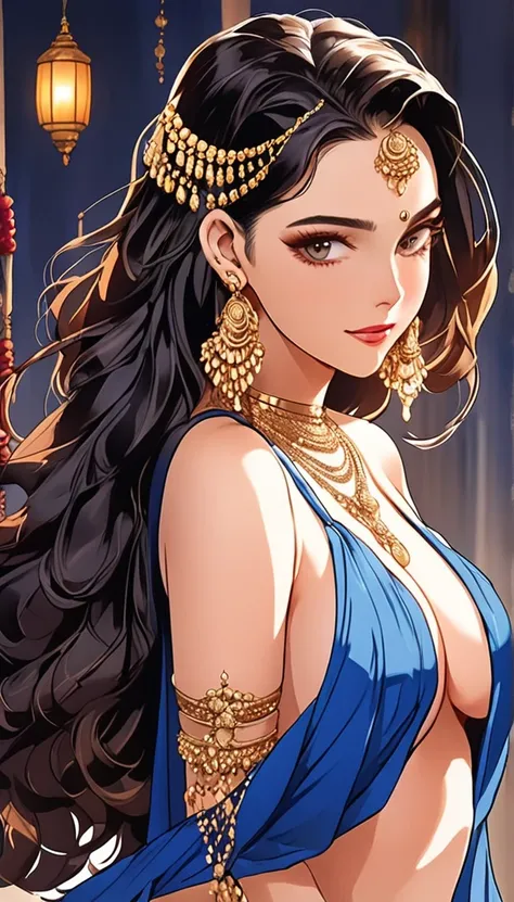 (Comic illustration)Renowned actress at the age of 28 wearing a provocative blue saree braless, large oversized hoops earrings, long hair ,big saggy breasts ,face makeup, beautiful, alluring, necklace,white skin ,ear piercing 