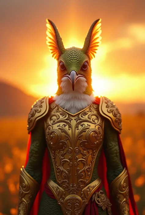 (Close-up of a powerful hummingbird:1.5), (Facing forward, wearing intricate golden armor:1.3), (Majestic and strong, standing alone:1.2), (Epic sunset background:1.1), (Radiant light around the hummingbird:1.2), (Symbolic landscape reflecting strength, un...