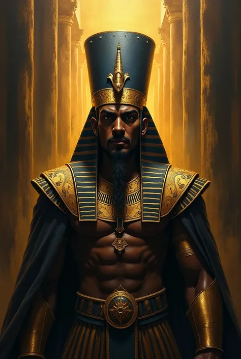 An artistic Egyptian guard painting in a low light background with a glorious gold and black background for an exterior wall of a home.