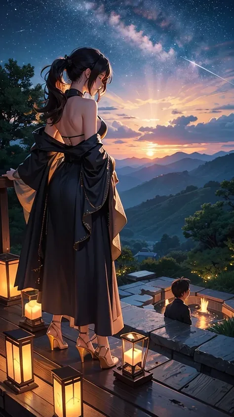 A wide-angle view captures the essence of a masterpiece, showcasing the impeccable quality and hyperrealism in the style of Makoto Shinkai. The scene depicts a breathtaking hillside where a couples silhouettes stand, gazing at the glittering cityscape of J...