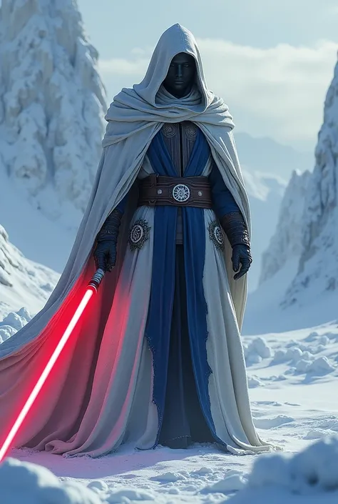 The country finland as a Sith Lord from Star Wars, no Person but anything else, colors white and darkblue, red lightsaber, scary, frightening, ultra-realistic