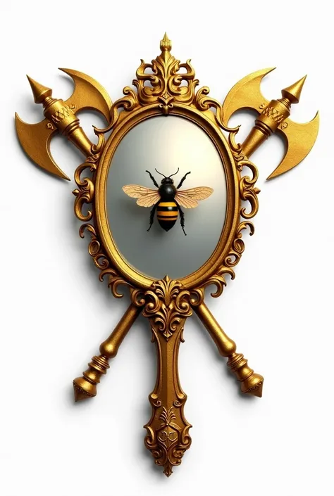 A logo, with a golden and ornate hand mirror, in the center a bee and behind two golden Viking axes. white background