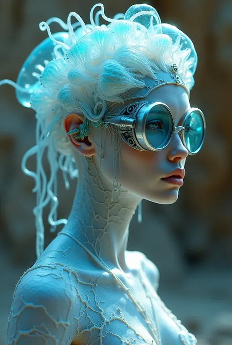 Ethereal Cyborg Woman, bioluminescent jellyfish tiara. Steampunk goggles merge with translucent tentacles. Cracked porcelain skin meets iridescent scales. Mechanical implants and delicate tendrils intertwine. Human characteristics with an otherworldly glow...