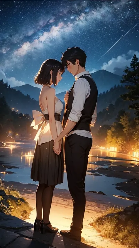 A wide-angle view captures the essence of a masterpiece, showcasing the impeccable quality and hyperrealism in the style of Makoto Shinkai. The scene depicts a breathtaking hillside where a couples silhouettes stand, gazing at the glittering cityscape of J...