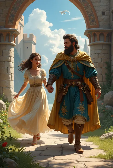 Medieval unarmored duke and princess holding hands running