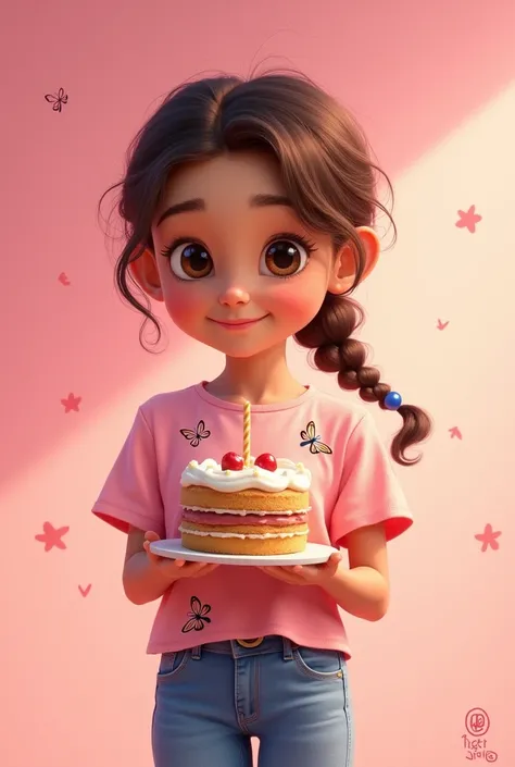 Disney-like image of a girl with big brown eyes, curly hair tied in a braid, holding a cake. She wears jeans and a pink blouse with a butterfly print.. On the left side of the image it says: Congratulations from Abigail Carbajal!. The background is pink 