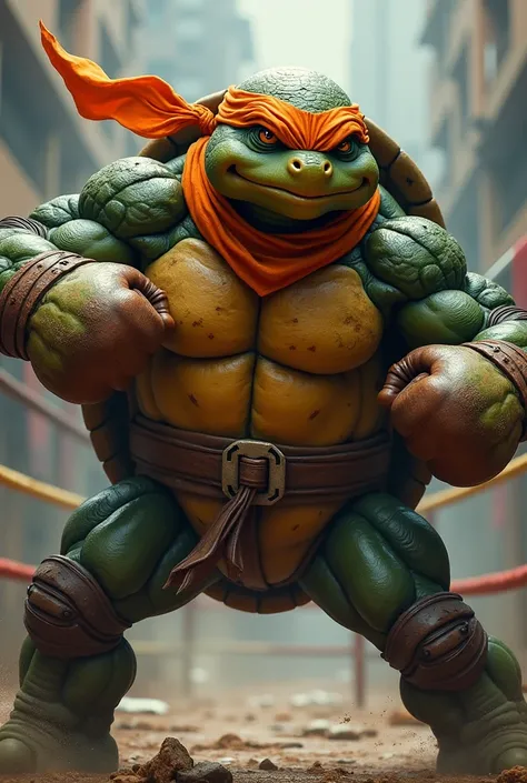 Create a bodybuilder boxing turtle with an orange bandana