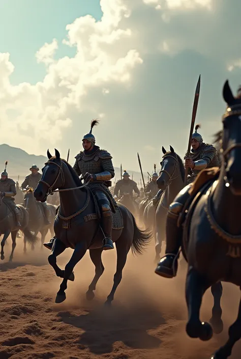 Please create an image of a Mongolian war where you see many warriors in battle, each one mounted in his battle against his rival., an epic war and a very dramatic scene 