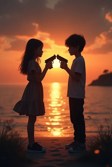 Shadow couple girl and boy pointing each other on heads with hands making their hands look like guns but no real guns dark aesthetic real sunset evening shore
 
