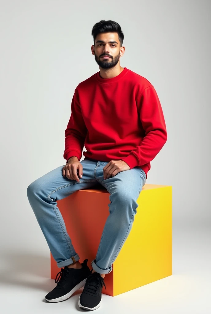 best qualityer:1.4), (ultra high resolution:1.2), (photorrealistic:1.4), (8k, CRU photo:1.2), 1 male aged 26. short black hair. He has a beard.He&#39;s wearing a red sweatshirt. He is wearing light jeans. black sneakers. He is sitting on top of a colorful ...