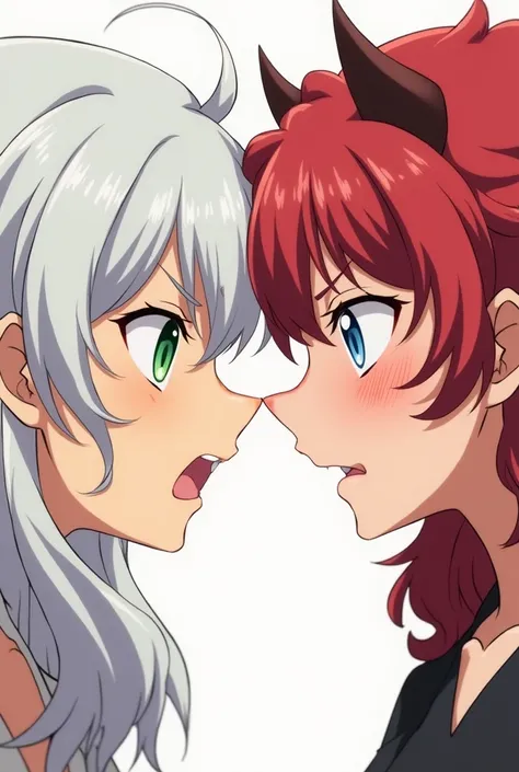 2 anime women pressing their noses against each other fhard. Their noses bending upwards from pressing up against each other. one with long wavy white hair, green eyes and pale skin. the other with curly fluffy red hair covering her eyes and small demon ho...