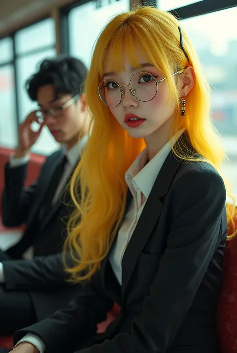 (((photorealistic:1.4))), ultra realistic, pores, (((masterpiece))),high quality, ultra details, realistic  white skin beautiful face pretty korean idol woman showing very long sharp claws black fingernails holding phone, long yellow hair, circle glasses, ...