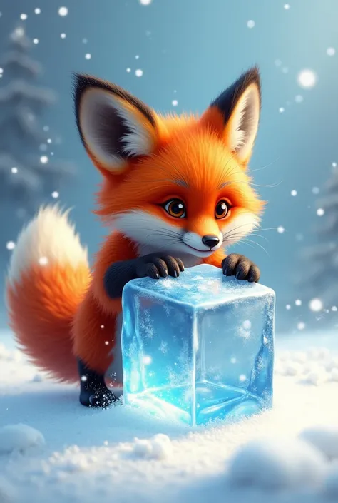 Fox plying with ice cube 
