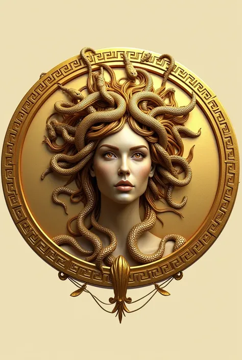 Physiotherapy logo of the Greek character Medusa with snakes head and snake face,with golden colors,Unripe,with a golden circle around it with the name in gorgons 
