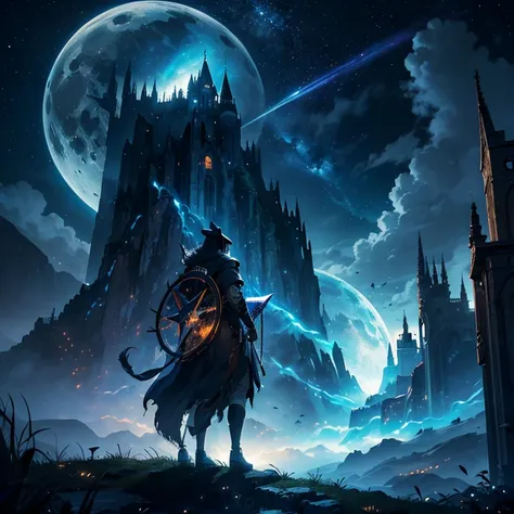 (masterpiece, best quality, ultra-detailed, illustration, high resolution, UHD, depth, cinematic lighting):1.4, solo, 1man, wizard, flying, night sky, outdoors, magic, moon, stars, clouds, mysterious, enchanting, whimsical, adventurous, imagination, realis...