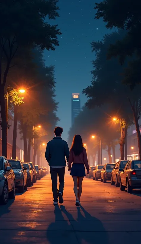 "A realistic nighttime scene where two couples( young man and woman ) are walking along a quiet, dimly lit street. The street is illuminated by warm, glowing streetlights. The couples are close to each other, enjoying a peaceful moment, slightly turned tow...