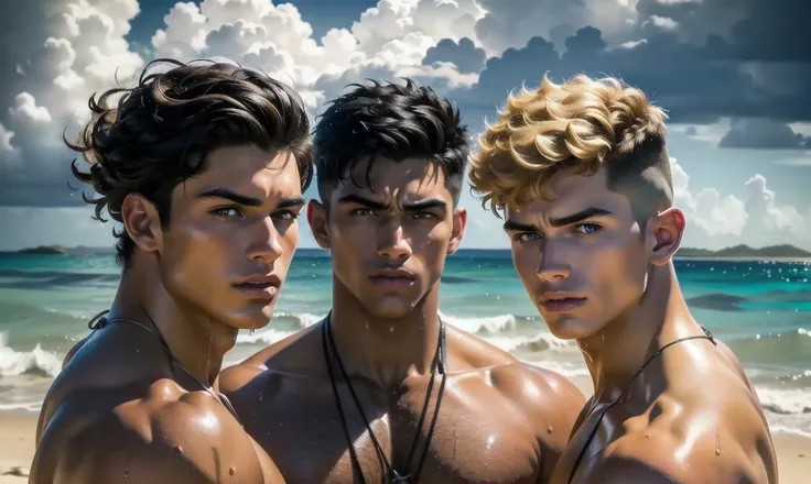 [((highly detailed, detailed eyes, detailed face, clear and realistic facial features, photorealistic, realistic light, cinematic)), ((((group of 3 men, each man looks unique, each man has a different natural hair color)))), (((group of sexy male college-a...