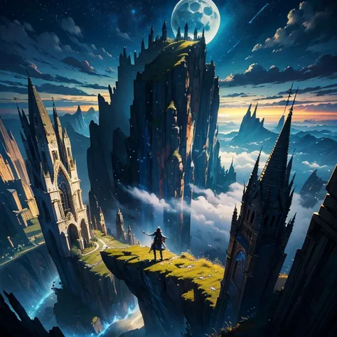 (masterpiece, best quality, ultra-detailed, illustration, high resolution, UHD, depth, cinematic lighting):1.4, solo, 1man, wizard, flying, night sky, outdoors, magic, moon, stars, clouds, mysterious, enchanting, whimsical, adventurous, imagination, realis...